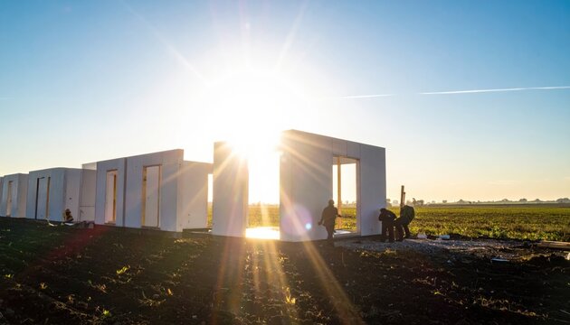 Professional logistics team assembling modular prefabricated housing units in a sunny outdoor field to provide rapid temporary accommodation for workers or displaced residents.