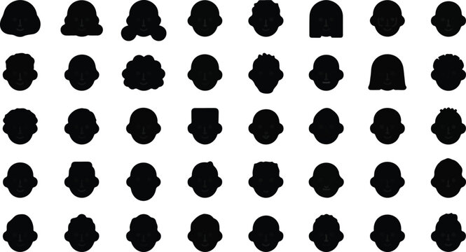 Large collection of human head silhouette icons with diverse hairstyles and face shapes for user profile avatars