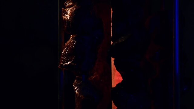 Close up slowmo video of pork pieces cooking on electric barbecue grill in kitchen with detailed food preparation in 4K