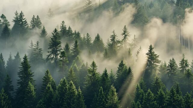 Mystical coniferous forest in morning fog with sunbeams breaking through trees. Tyndall effect light rays in misty jungle, serene nature landscape with evergreen pine trees for environmental, meditati