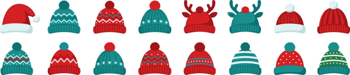 Winter Christmas Hat Icon Collection Featuring Festive Knitted Beanies, Santa Caps, and Reindeer Headwear for Holiday Greeting Cards, Seasonal Promotions, and Winter Fashion Graphic Designs © Himu 