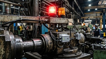 Fototapeta premium Closeup medium shot of warning lights above industrial equipment activated by IoT sensors detecting abnormal wear and vibration trends for proactive tool maintenance.