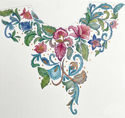 Elegant embroidered neckline artwork featuring floral and paisley motifs suitable for textile print and garment design. © Mr procreater