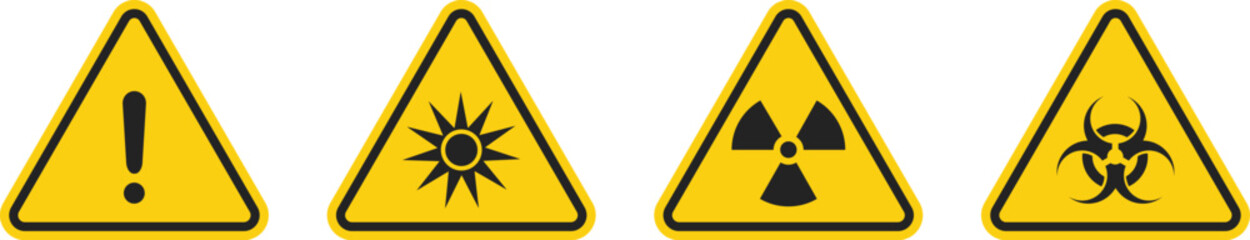 Set of triangle warning signs. Warning roadsign icon. Danger-warning-attention sign. Yellow sign. Vector © yan4ik