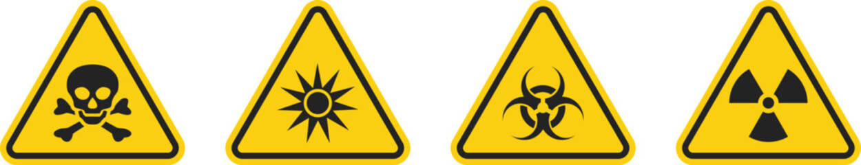 Set of triangle warning signs. Warning roadsign icon. Danger-warning-attention sign. Yellow sign. Vector © yan4ik