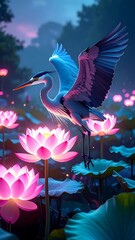 Fototapeta premium Majestic Heron Flying Over Glowing Pink Lotus Flowers In A Mystical Pond At Night Vibrant Digital Illustration With Neon Blue And Pink Lighting