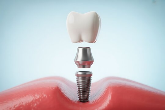 Dental implant structure showing crown abutment and screw parts above human pink gums on soft blue background for oral surgery education model.