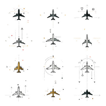 Detailed drawings of various airplanes.