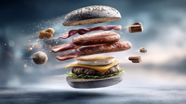 An imaginative floating burger with layers of ingredients. Healthy organic food clean eating natural nutrition wellness lifestyle fresh ingredients.
