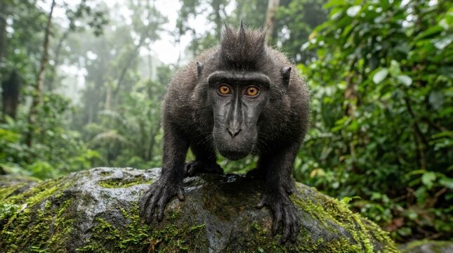 Intense Close-up Portrait of a Sulawesi Crested Macaque with Distinctive Mohawk Crest in Lush Tropical Rainforest