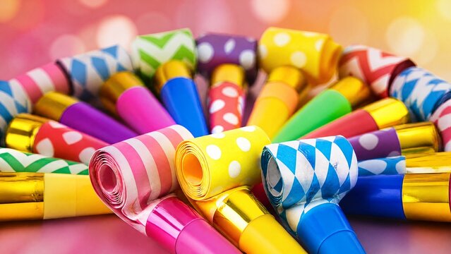 Colorful party horns arranged in a vibrant pattern, evoking festive celebration and joy.
