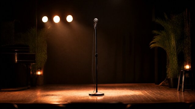 Small concert stage with wooden floor and a single microphone stand in warm spotlight.