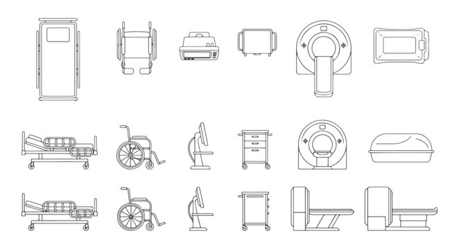 Collection of Healthcare and Hospital Equipment CAD Blocks in Top View Plan Featuring MRI Scanner Medical Bed and Wheelchair