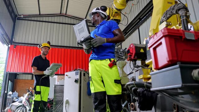 Safety inspection procedure manufacturing plant human interaction industrial environment close-up view compliance check
