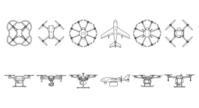Collection of Professional Drone and UAV CAD Blocks featuring Quadcopters Hexacopters and Fixed Wing Aircraft in Top View