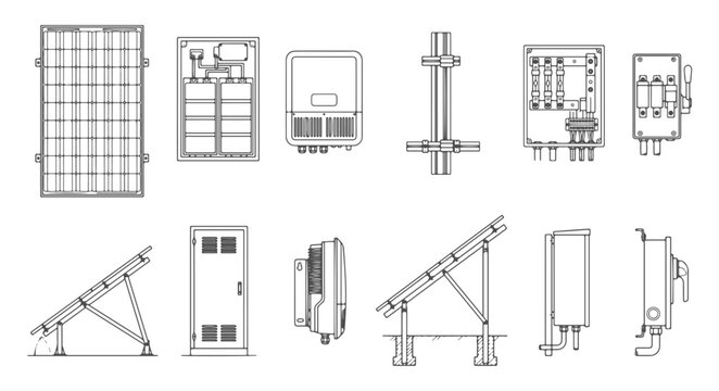 Collection of Solar Energy System Architectural CAD Blocks featuring PV Panels Inverters Battery Storage and Electrical Control Boxes