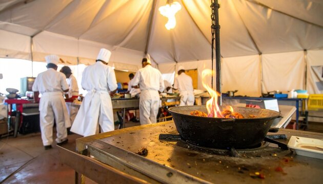 Professional military chefs preparing hot meals inside a field mess tent, with a large iron pan over an open flame during active food production for hungry troops on deployment.