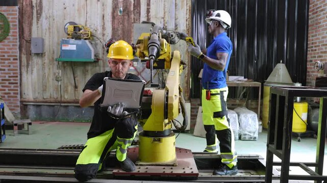 Industrial workers operating robotics factory floor action scene industrial environment wide-angle view automation concept