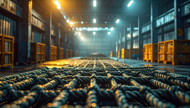 A sturdy woven cargo net lies across a warehouse floor for equipment securing during industrial transport operations, demonstrating high durability and organizational safety standards.