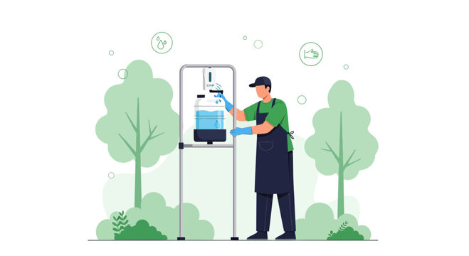 Man cleaning water dispenser with spray bottle and cloth in nature park