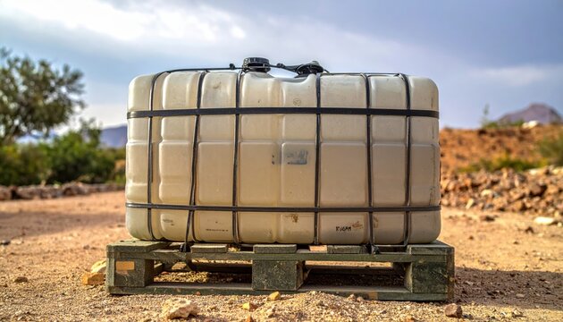 A robust industrial water storage container secured on a wooden pallet ready for transport in an arid outdoor environment.