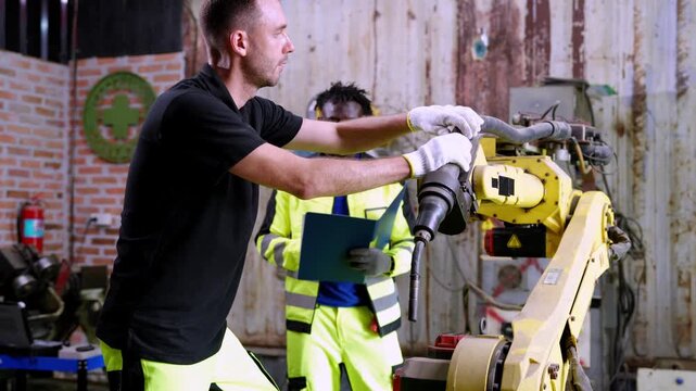 Robotic arm operation industrial workshop training session factory setting close-up perspective automation techniques