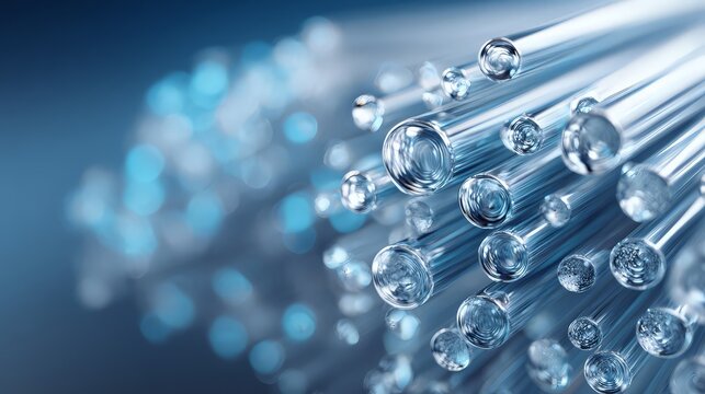Close-up of fiber optic cables with glowing lights and reflections.