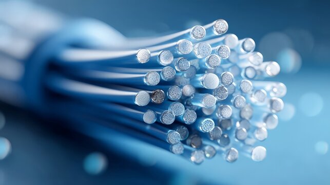 Close-up of fiber optic cables glowing with vivid colors.