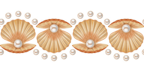 Seamless watercolor border with seashells and pearls. Hand drawn marine illustration of scallops, pearls. Children's, nautical, travel themes. Suitable for design, prints, postcards, sea travel © Elli