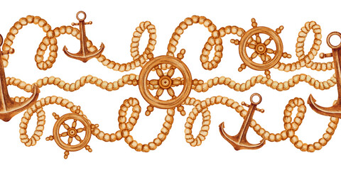 Nautical watercolor seamless border with anchor, ship steering wheel and rope. Children's, nautical, travel themes. Suitable for design, prints, postcards, sea travel © Elli