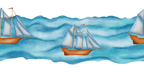 Watercolor seamless border with classic sailing ships on blue abstract waves. Children's, nautical, travel themes. Suitable for design, prints, postcards, sea travel © Elli