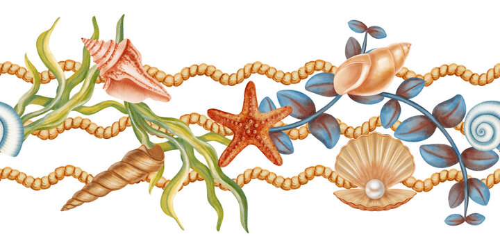 Watercolor marine seamless border with sea shells, starfish, and green seaweed on a wavy rope background. Children's, nautical, travel themes. Suitable for design, prints, postcards, sea travel