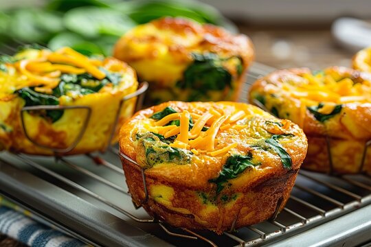 Freshly baked egg muffins with spinach and cheddar cheese topping cooling on wire rack for protein rich breakfast meal preparation and healthy snack at home.