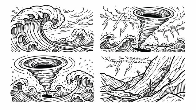 Tornado and wave illustrations in storm.