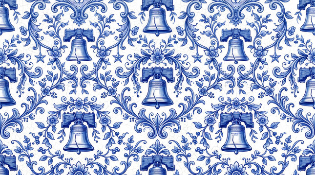 Delft blue and white seamless tile pattern with Liberty Bell
