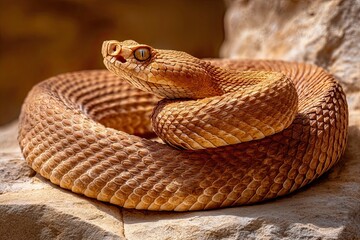 Obraz premium Venomous pit viper coiled on sun-baked desert rock, showcasing its dangerous beauty and alert posture.