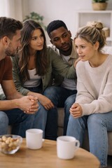 Obraz premium Four young adults sit together on a sofa in a living room, discussing while coffee cups and a bowl of snacks are placed on the table