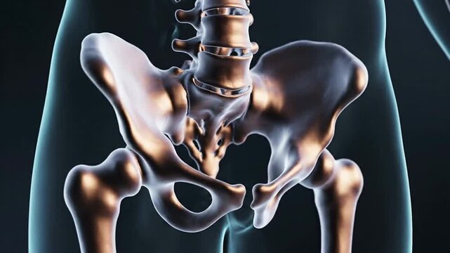 Detailed Abstract CGI Representation of Sacrum and Coccyx Base Structure with Intricate Anatomy and Metallic Finish Against Dark Background