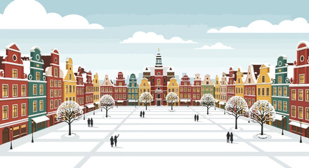 Charming European Town Square Covered in Snow, Winter Scene with Colorful Buildings and Trees © Zahra