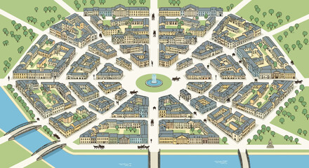 Ornate Urban Planning: Geometric City Layout with Fountain and River © Zahra