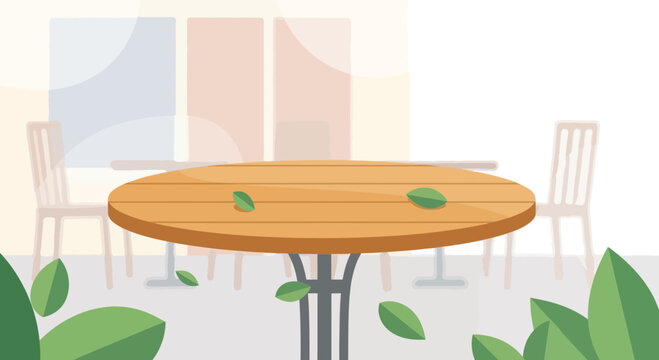 Outdoor cafe table and chairs with leaves, bright sunny day, minimalist illustration