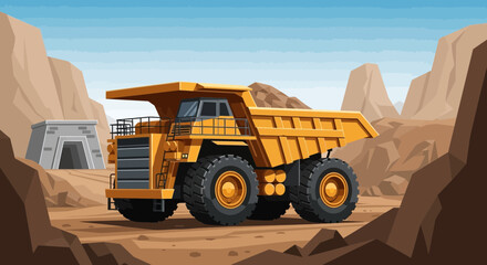 Giant Yellow Mining Dump Truck in Open Pit Mine with Entrance Tunnel © Zahra
