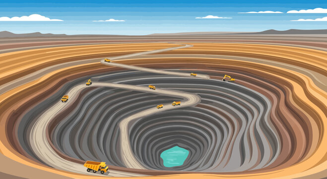 Expansive Open Pit Mine with Trucks and Winding Road, Industrial Mining Landscape