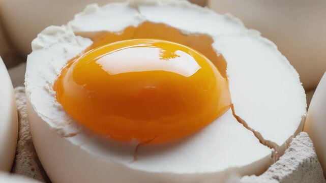 Close-up of egg shell breaking, glossy yolk dropping out