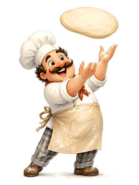A cheerful Italian chef tosses fresh pizza dough into the air with a joyful expression.