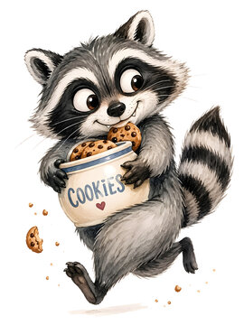 A mischievous little raccoon joyfully runs away while clutching a full jar of chocolate chip cookies.