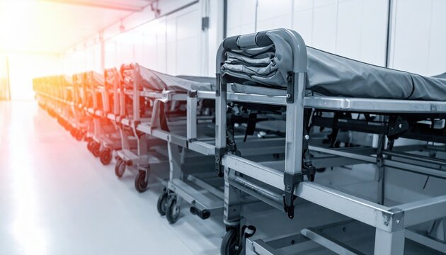 Rows of empty medical evacuation stretchers arranged neatly in a storage facility, representing high level institutional readiness for emergency and critical patient transport operations.