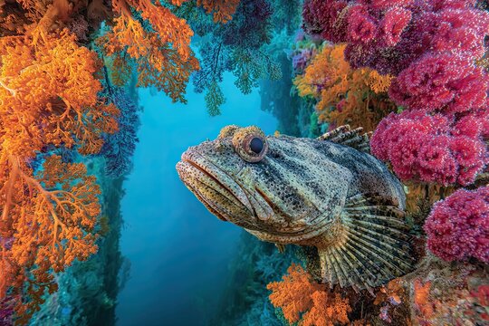 Venomous Stonefish Perfectly Camouflaged Amidst Vibrant Coral Reef Ecosystem
