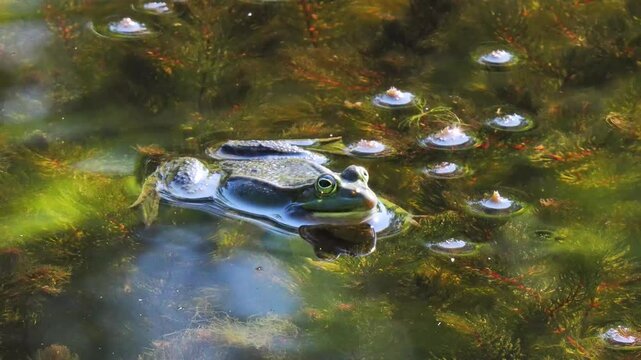 A frog rests on the water by the sound of frogs natural ambient sound