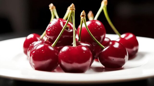 4K commercial shot plump red fresh cherries on white plate spins on dark background healthy vegetarian diet concept.